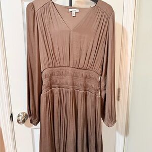 Nine West Taupe Long-Sleeve V-Neck Shirred-Waist Dress